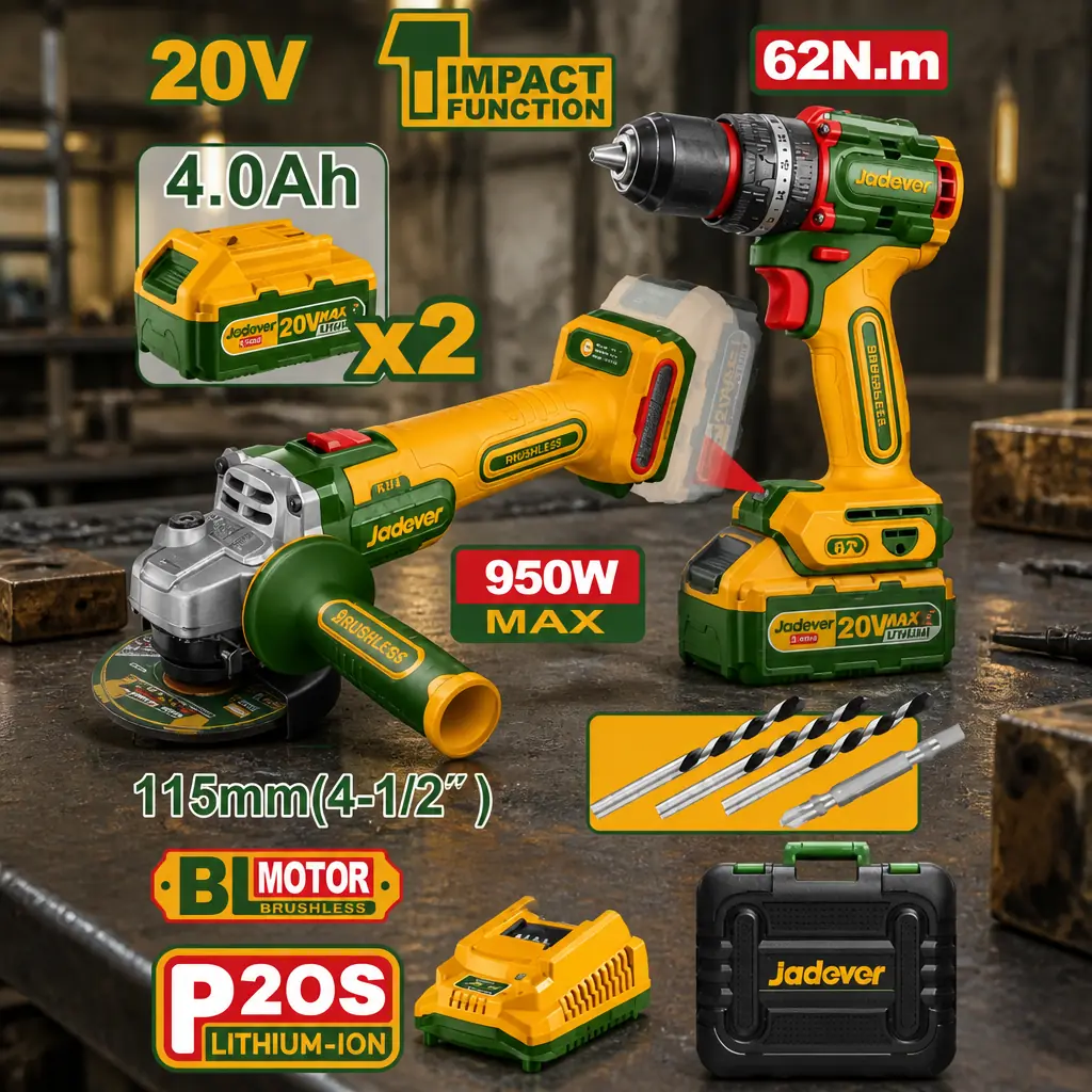 Combo Taladro Percutor + Amoladora. BL 2x Bat 20V 4Ah. + Acc. (M) Jadever