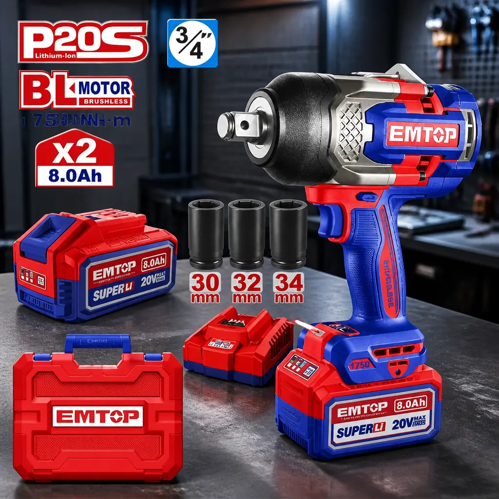 Llave de Impacto 3/4" BL 1750Nm AI 2x Bat 20V 8Ah + Acc. (M) EMTOP