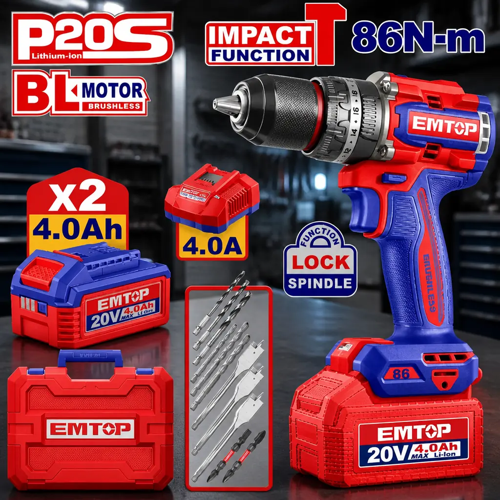 Taladro Percutor 13mm BL. 86Nm 2x Bat. 20V 4Ah (M) Emtop