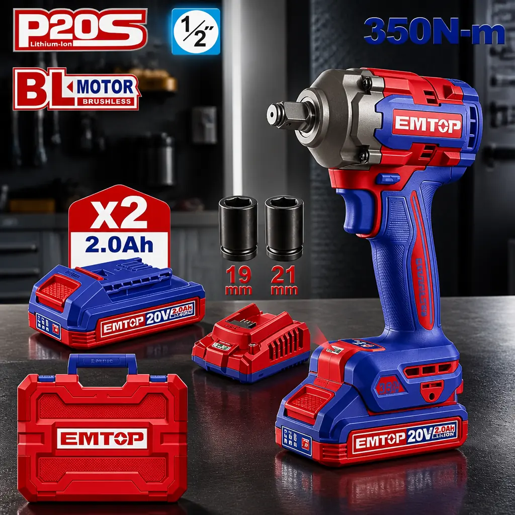Llave de Impacto 1/2" BL 350Nm 2x Bat 20V 2Ah + Acc. (M) EMTOP
